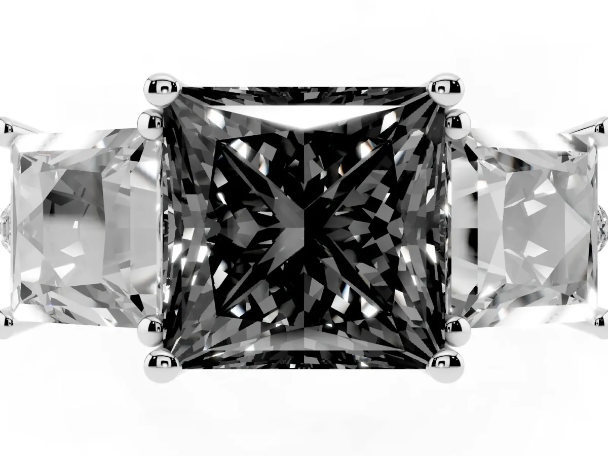 Fancy Black Three-Stone Princess Cut Diamond Ring with Round Pavé Band and Prong Setting Silver