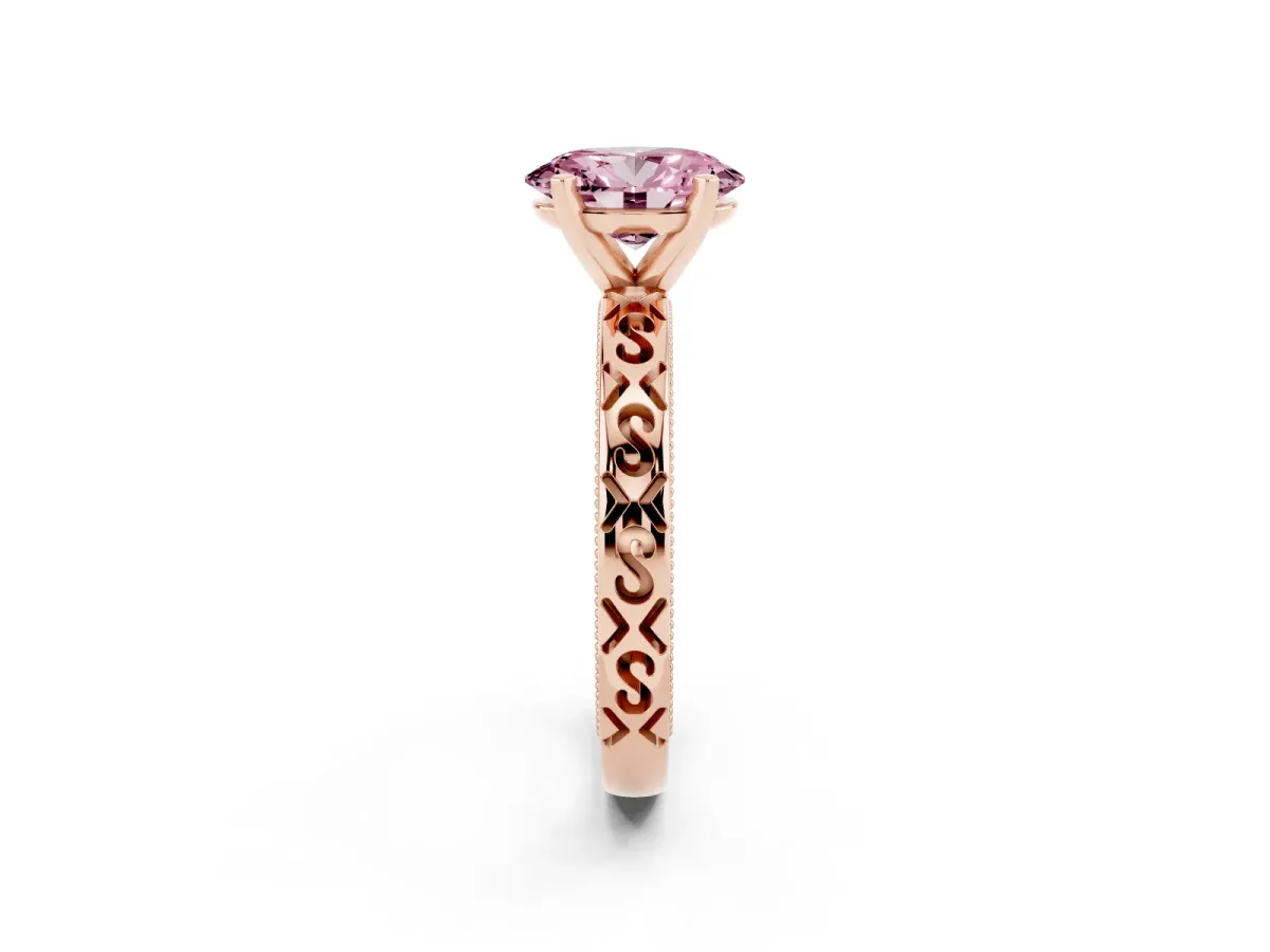 Fancy Pink Oval Cut Solitaire Engagement Ring with Scrollwork Band and Four-Prong Setting Rose gold