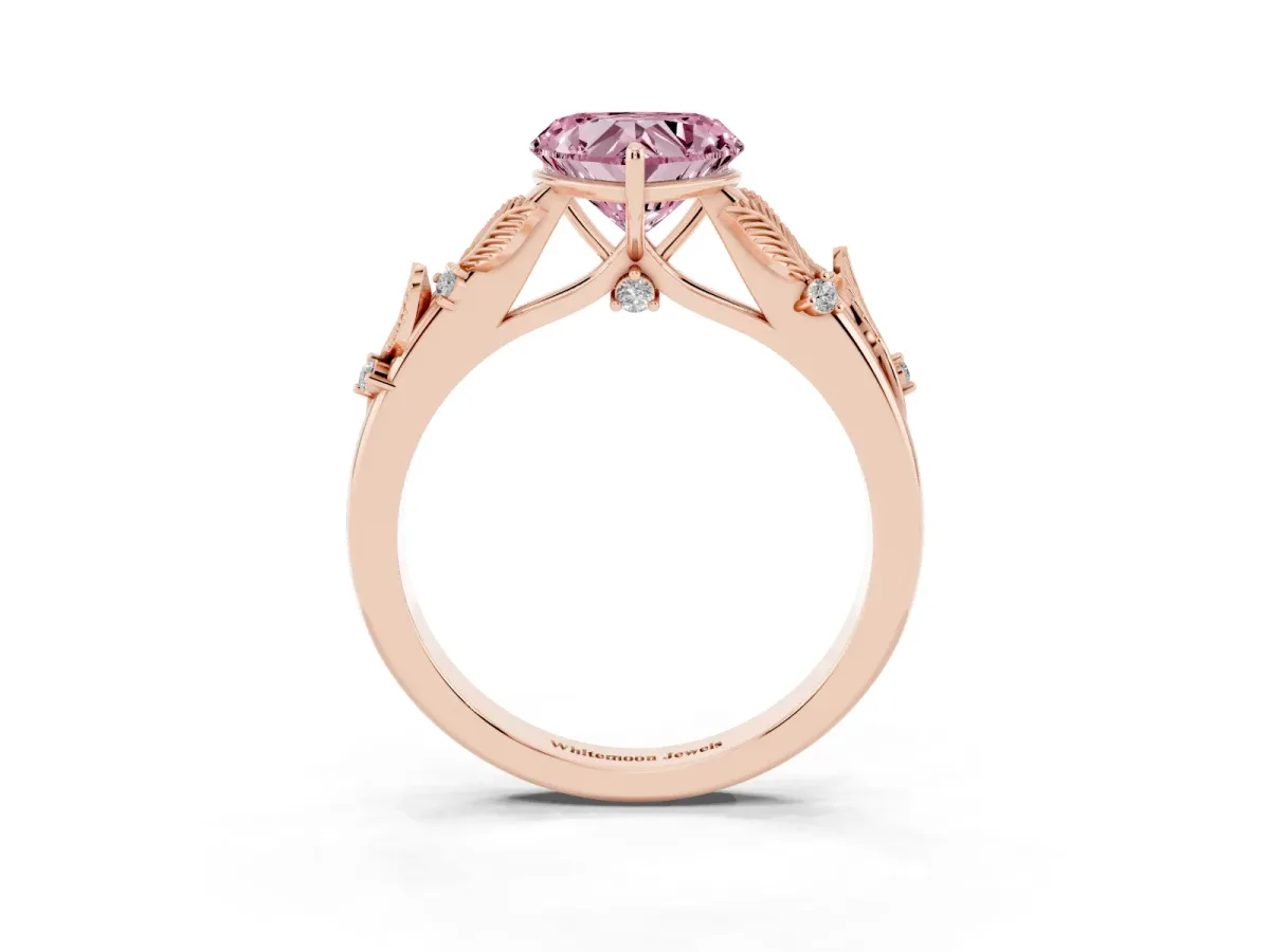 Fancy Pink Heart Cut Diamond Solitaire Ring with Leaf Motif Band and Four-Prong Setting Rose gold