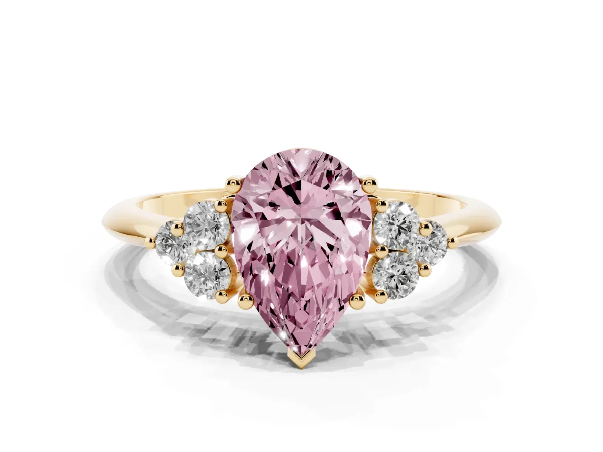 Fancy Pink Pear Cut Cut Diamond Cluster Ring with Solitaire Band and Four-Prong Setting Yellow gold