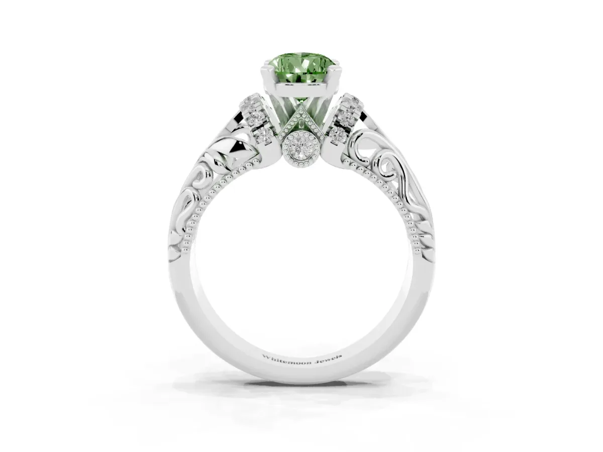 Fancy Green Pear Cut Solitaire Filigree Engagement Ring with Halo and Prong Setting Silver
