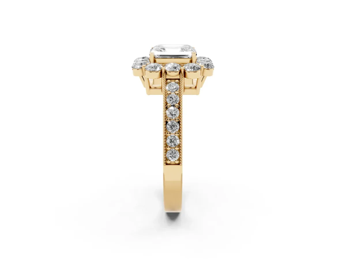 Asscher Cut Cut Halo Diamond Pavé Engagement Ring with Milgrain Detailing Yellow gold