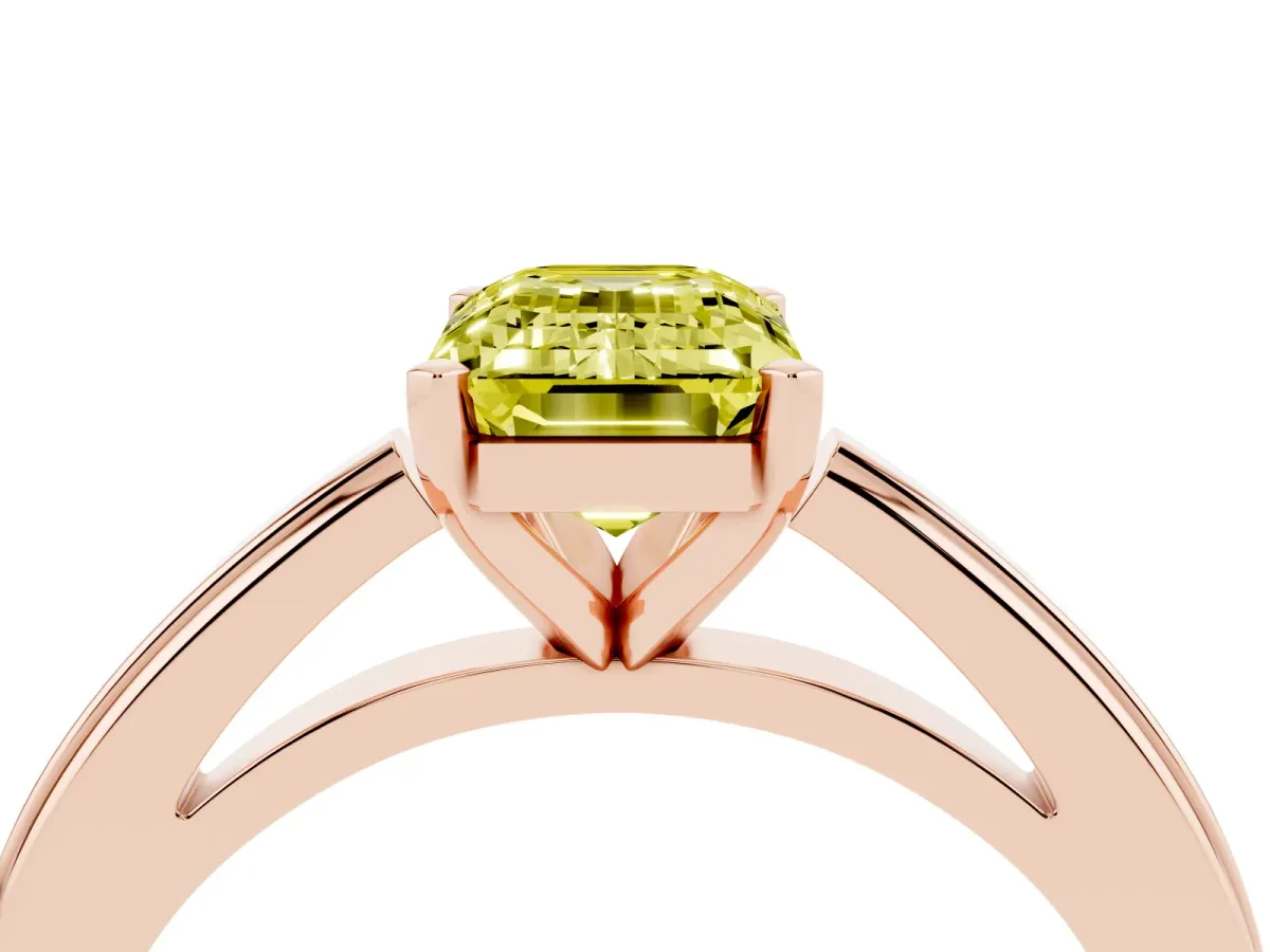 Fancy Yellow Emerald Cut Solitaire Diamond Ring with Four-Prong Setting and Classic Band Rose gold
