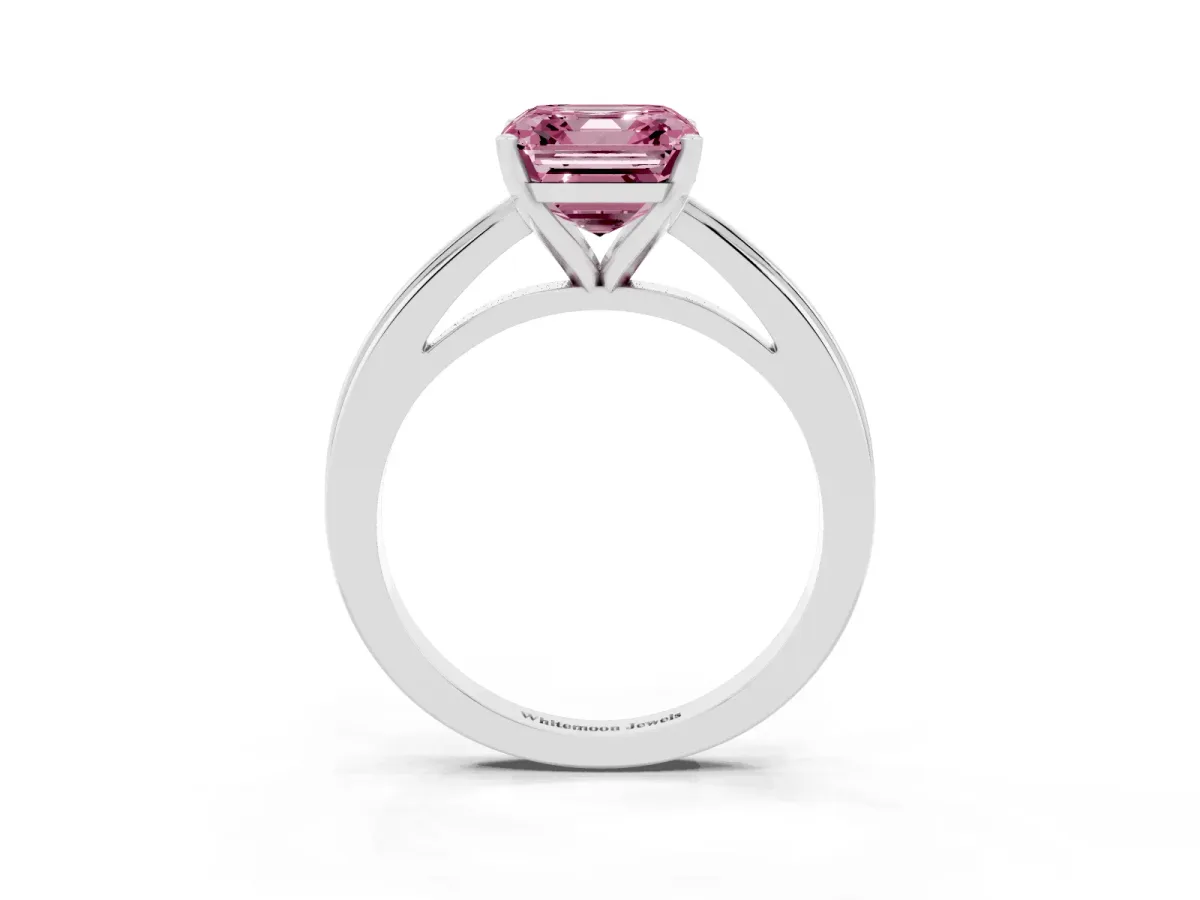 Fancy Pink Asscher Cut Solitaire Diamond Ring with Four-Prong Setting and Classic Band Platinum