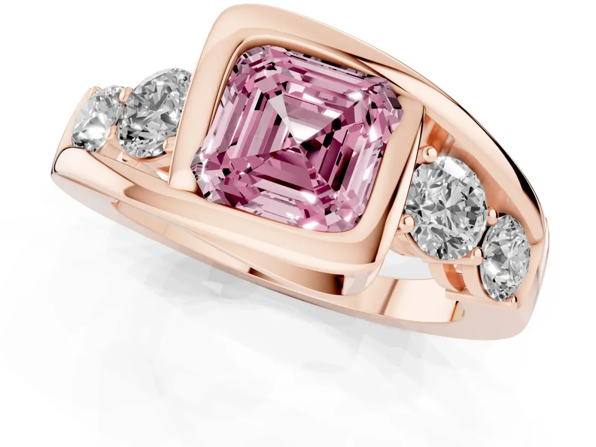 Fancy Pink Bezel Set Asscher Cut Diamond Bypass Ring with Round Accents Rose gold