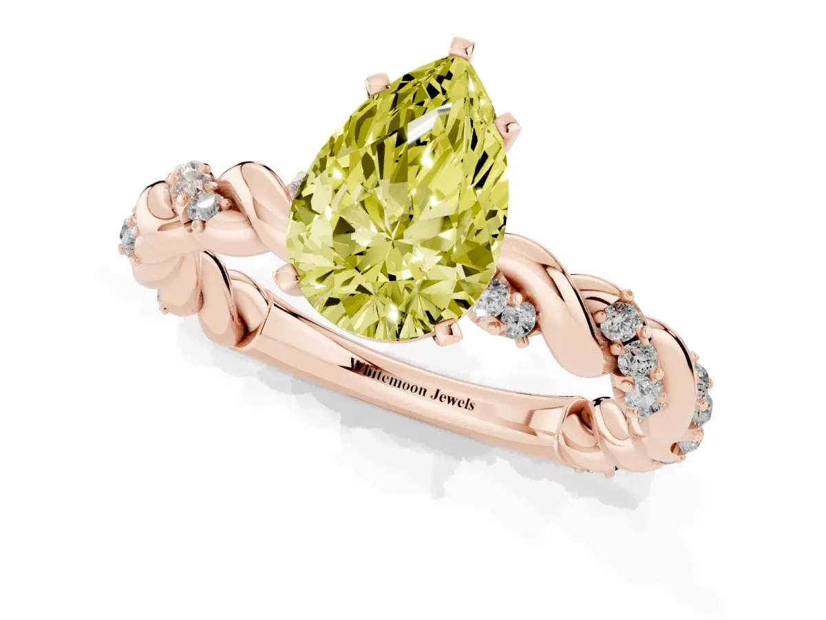 Fancy Yellow Pear Cut Diamond Solitaire Ring with Twisted Band and Pavé Accents Rose gold