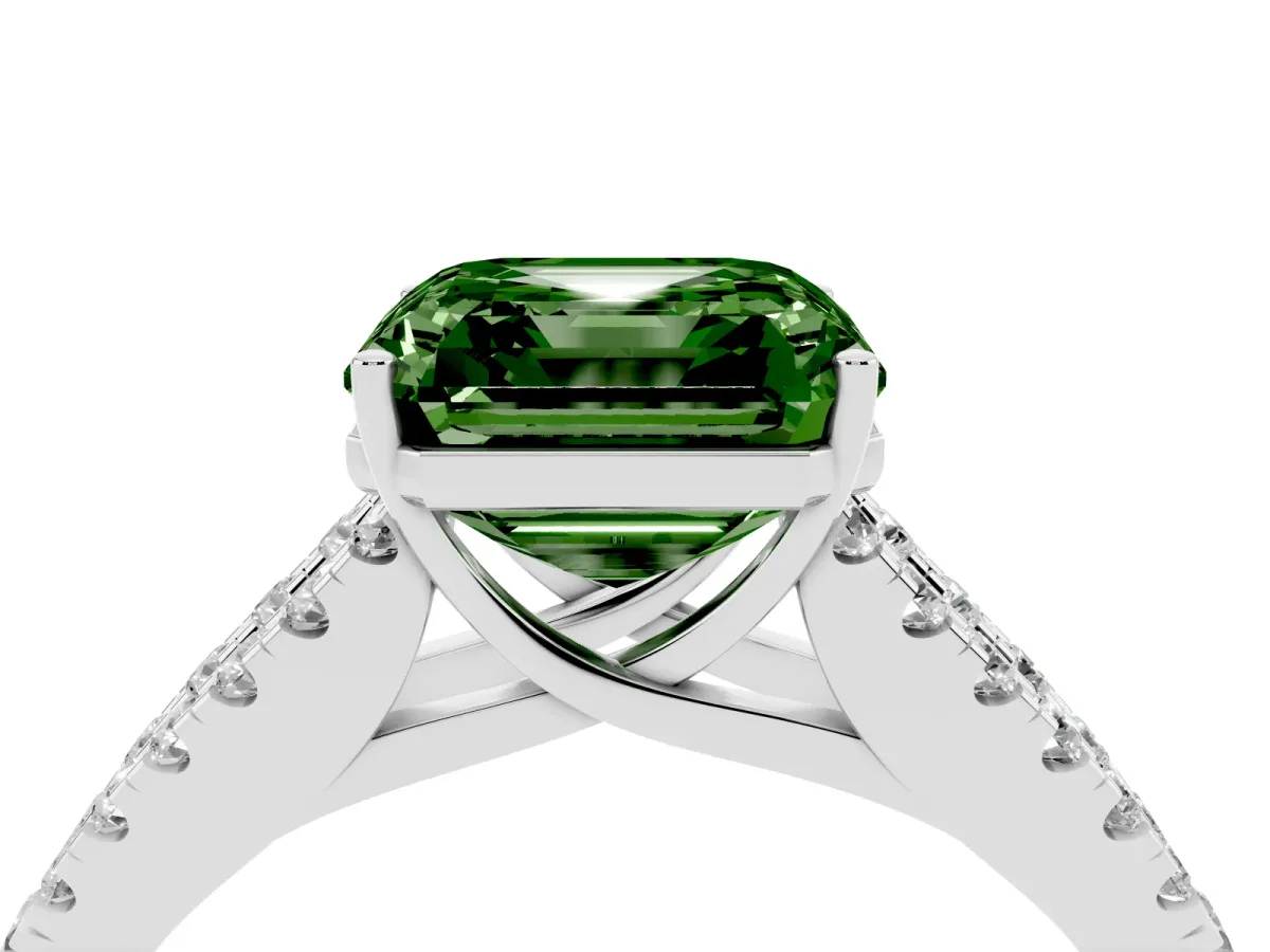 Fancy Green Asscher Cut Diamond Split Shank Engagement Ring with Round Pavé and Prong Setting Platinum