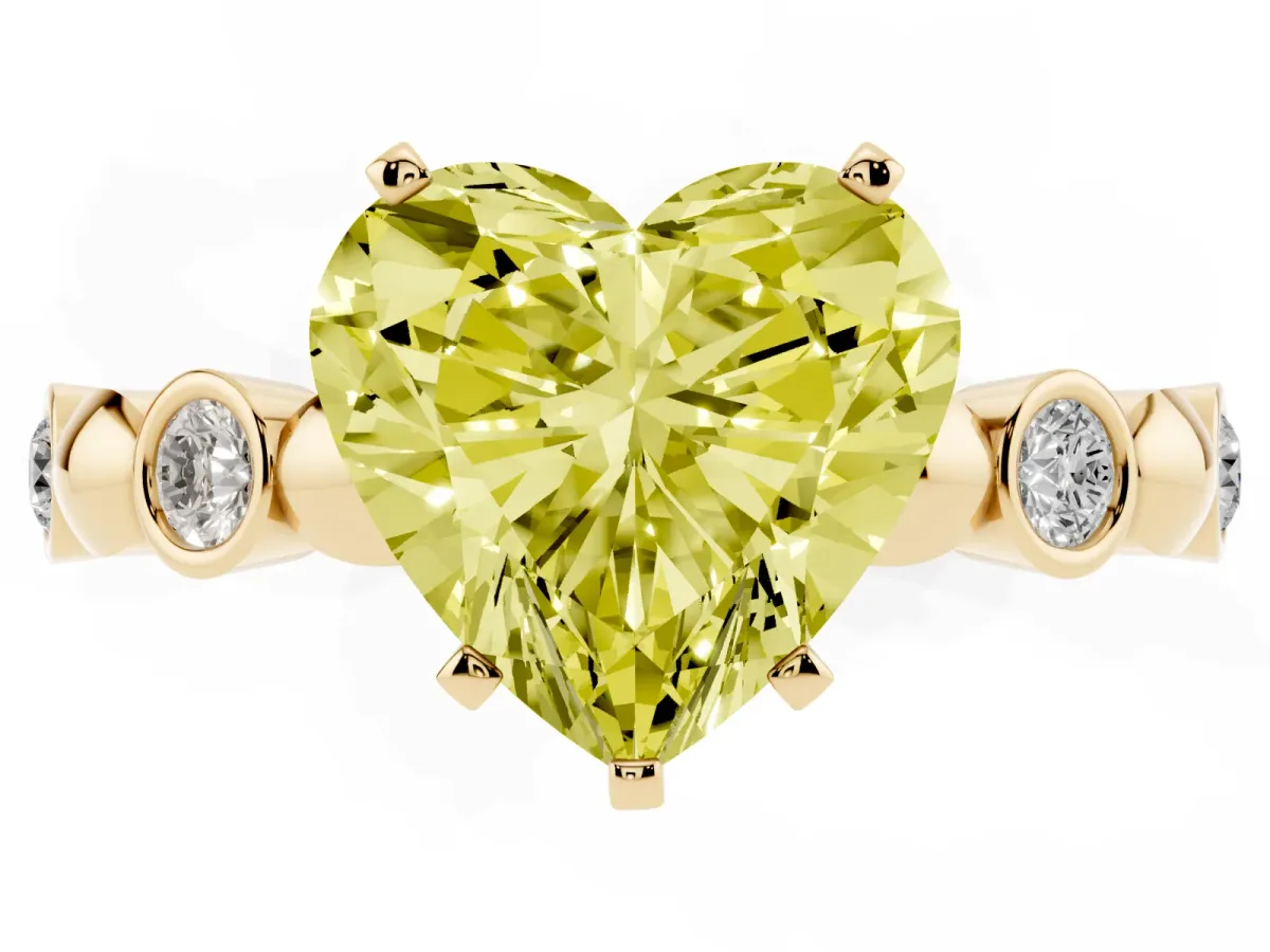 Fancy Yellow Heart Cut Solitaire Bezel-Set Diamond Ring with Beaded Band and Four-Prong Setting Yellow gold