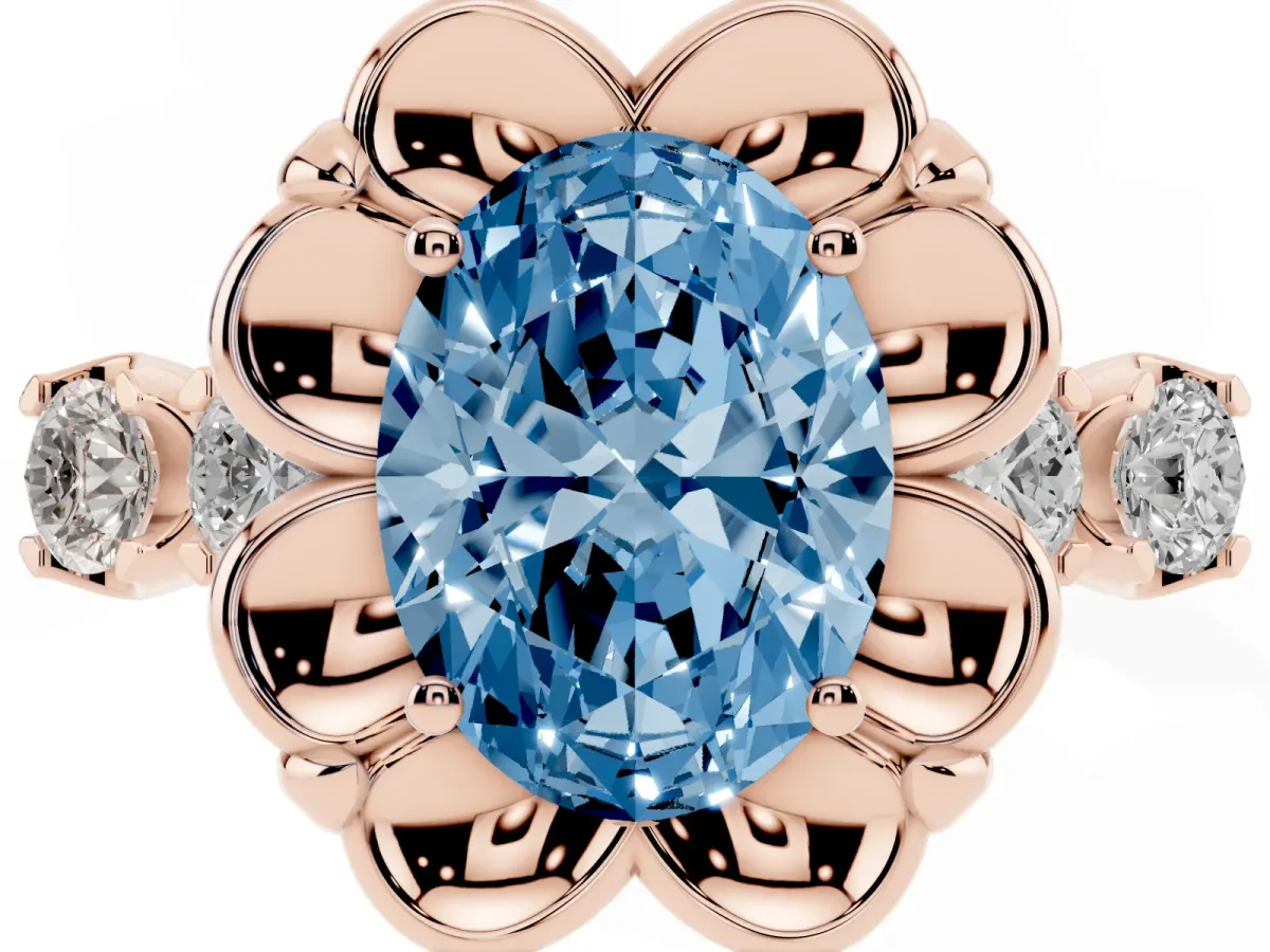 Fancy Blue Oval Cut Cut Diamond Floral Halo Engagement Ring with Shared Prong Setting Rose gold