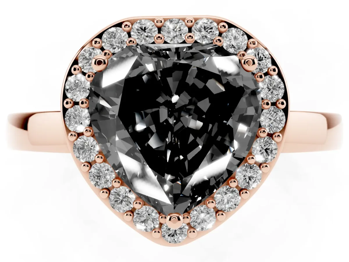 Fancy Black Heart Cut Halo Diamond Ring with Solitaire Band and Prong Setting Rose gold