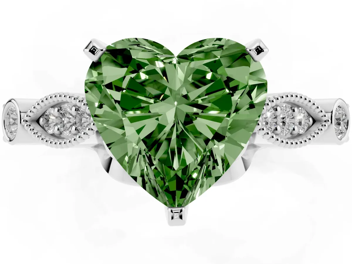 Fancy Green Heart Cut Cut Diamond with Milgrain Marquise and Bezel Accents on a Solitaire Band with Prong Setting Silver