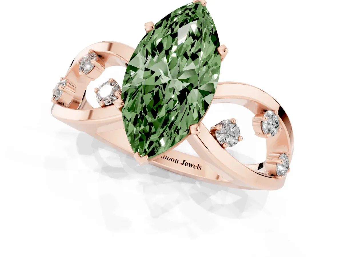 Fancy Green Marquise Cut Cut Solitaire Diamond with Side Stones on Criss-Cross Band and Four-Prong Setting Rose gold