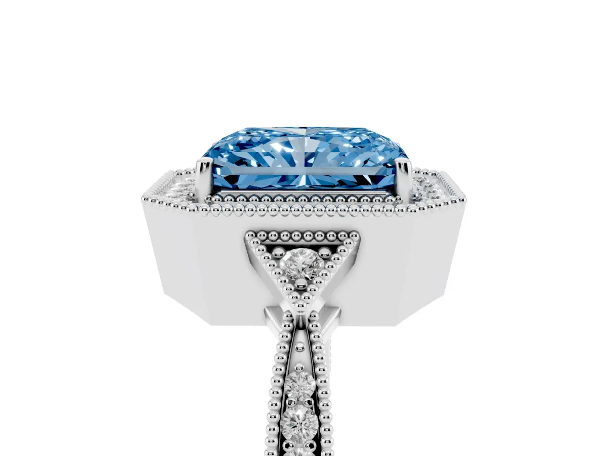 Fancy Blue Radiant Cut Halo Round Diamond Milgrain Pave Engagement Ring Platinum