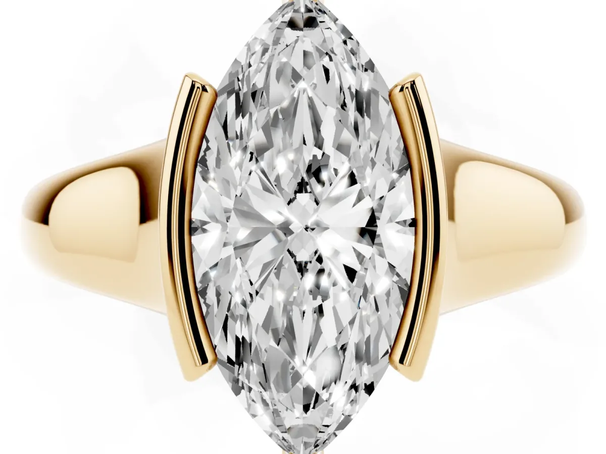 Marquise Cut Solitaire Tension Set Diamond Ring with Split Shank Band Yellow gold