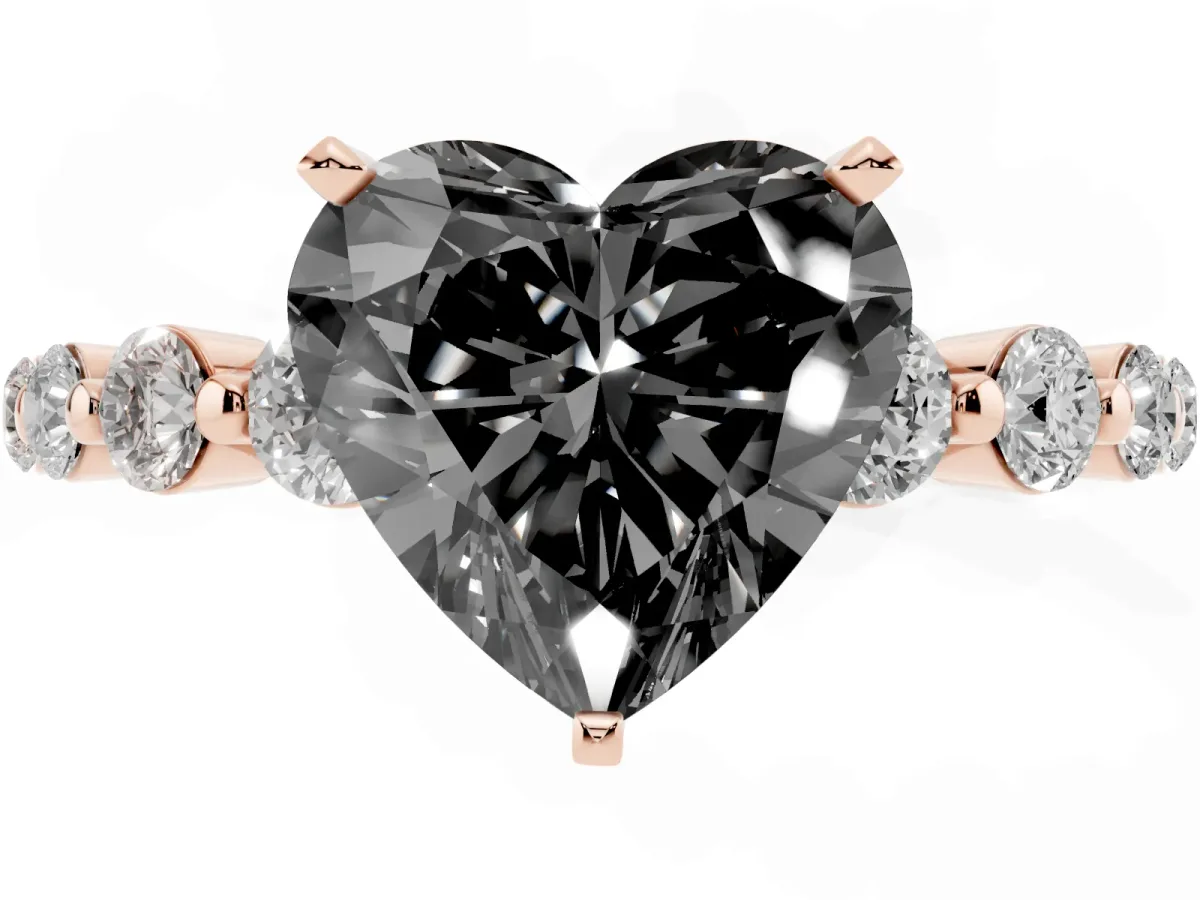 Fancy Black Heart Cut Solitaire Diamond Ring with Pave Band and Four-Prong Setting Rose gold
