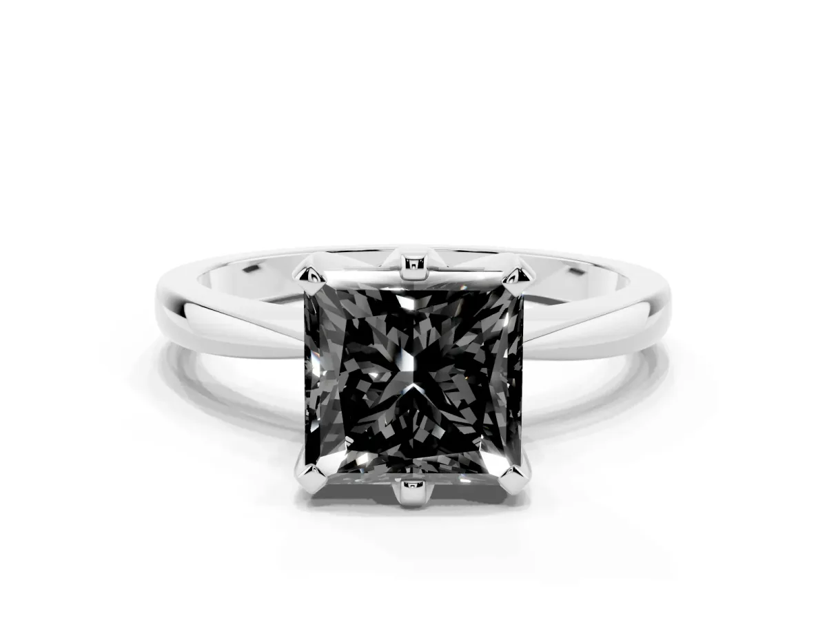 Fancy Black Princess Cut Solitaire Engagement Ring with Six-Prong Setting and Tapered Band Platinum