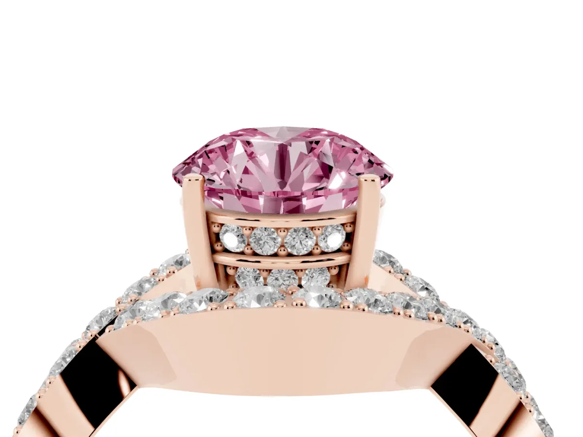 Fancy Pink Round Cut Solitaire Twist Band Pavé Diamond Engagement Ring Rose gold