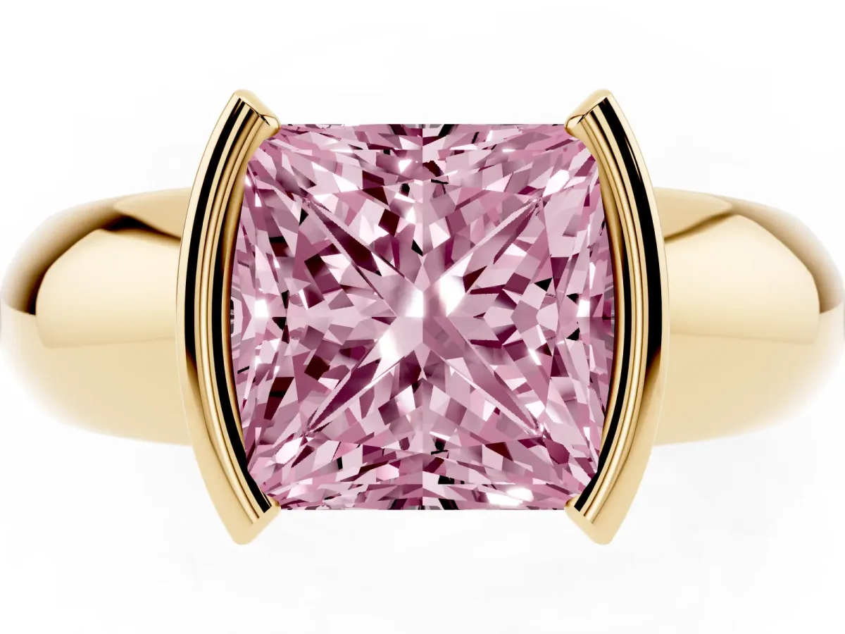 Fancy Pink Princess Cut Solitaire Tension Set Diamond Ring with Wide Band Yellow gold