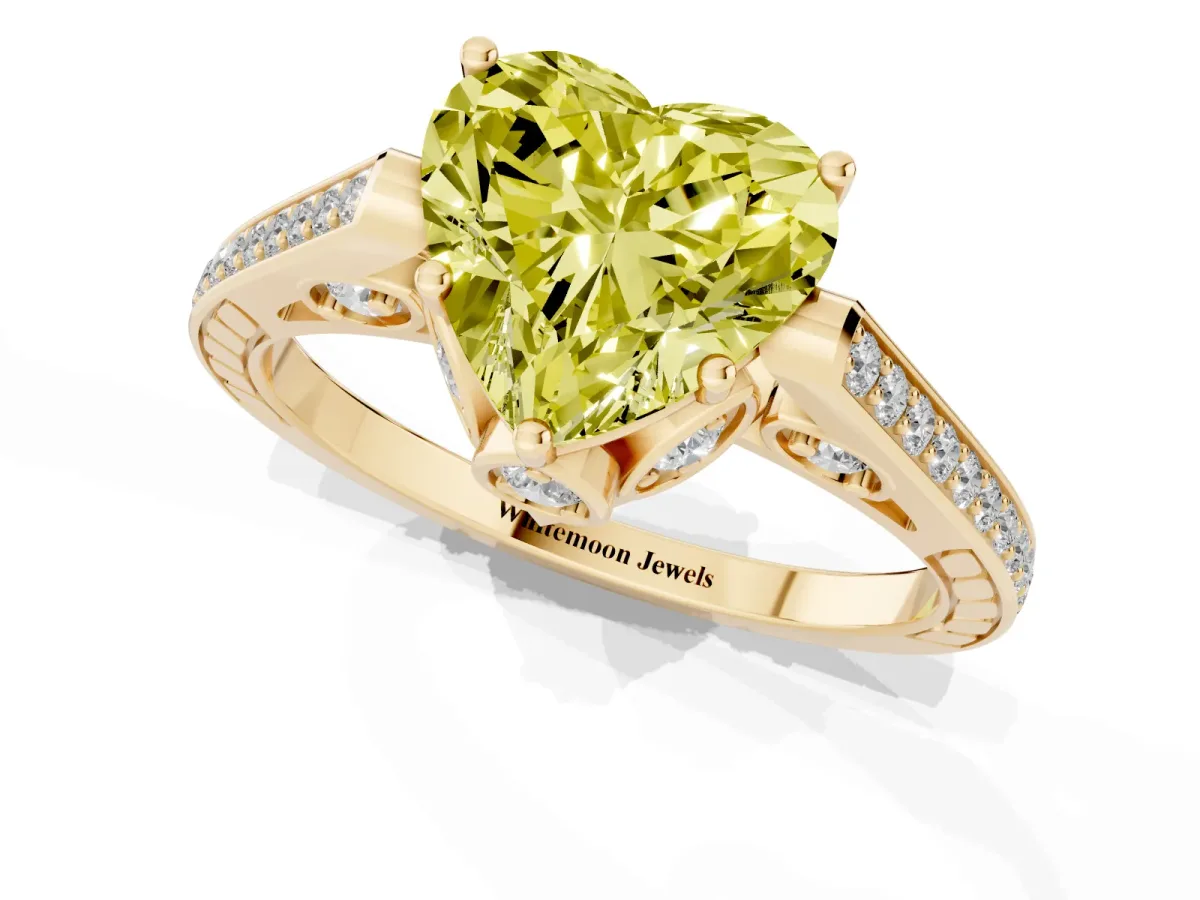 Fancy Yellow Heart Cut Cut Cathedral Pave Diamond Engagement Ring with Six-Prong Setting Yellow gold