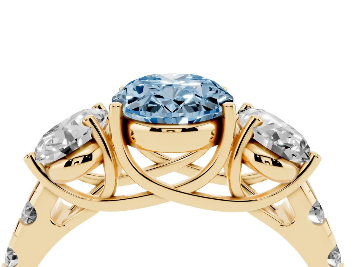 Fancy Blue Three-Stone Oval Cut Diamond Pavé Band with Prong Setting Yellow gold