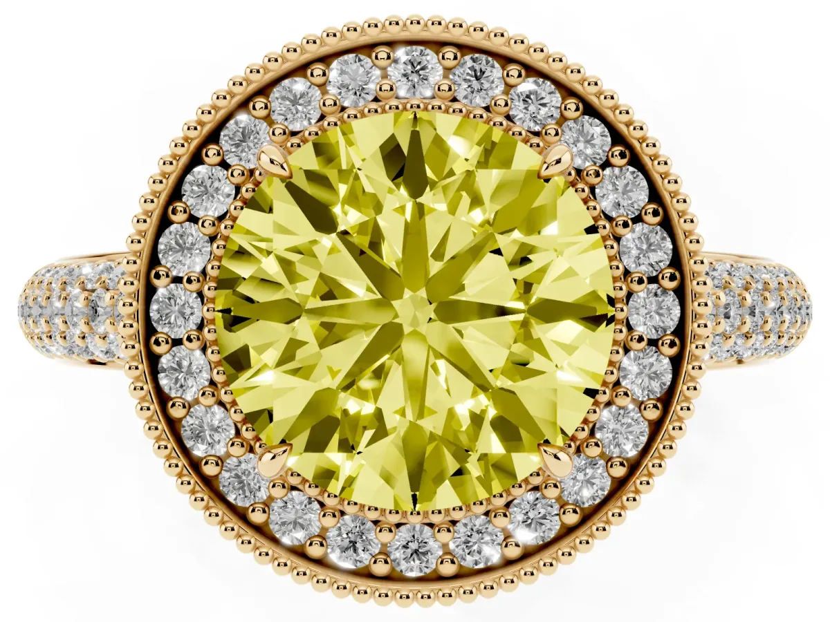 Fancy Yellow Round Cut Cut Halo Diamond Pave Band with Four-Prong Setting Yellow gold