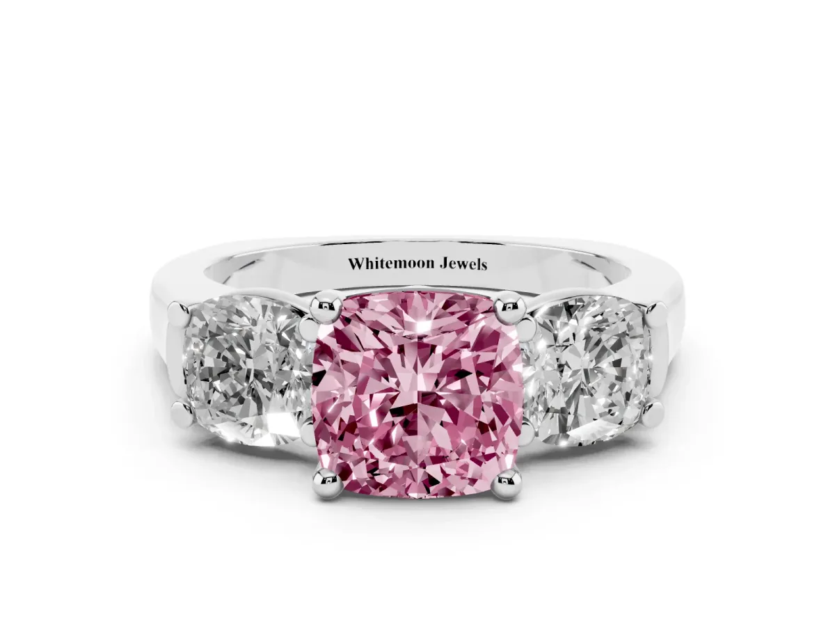 Fancy Pink Three-Stone Cushion Cut Brilliant Diamond Trellis Ring with Comfort Fit Band Platinum