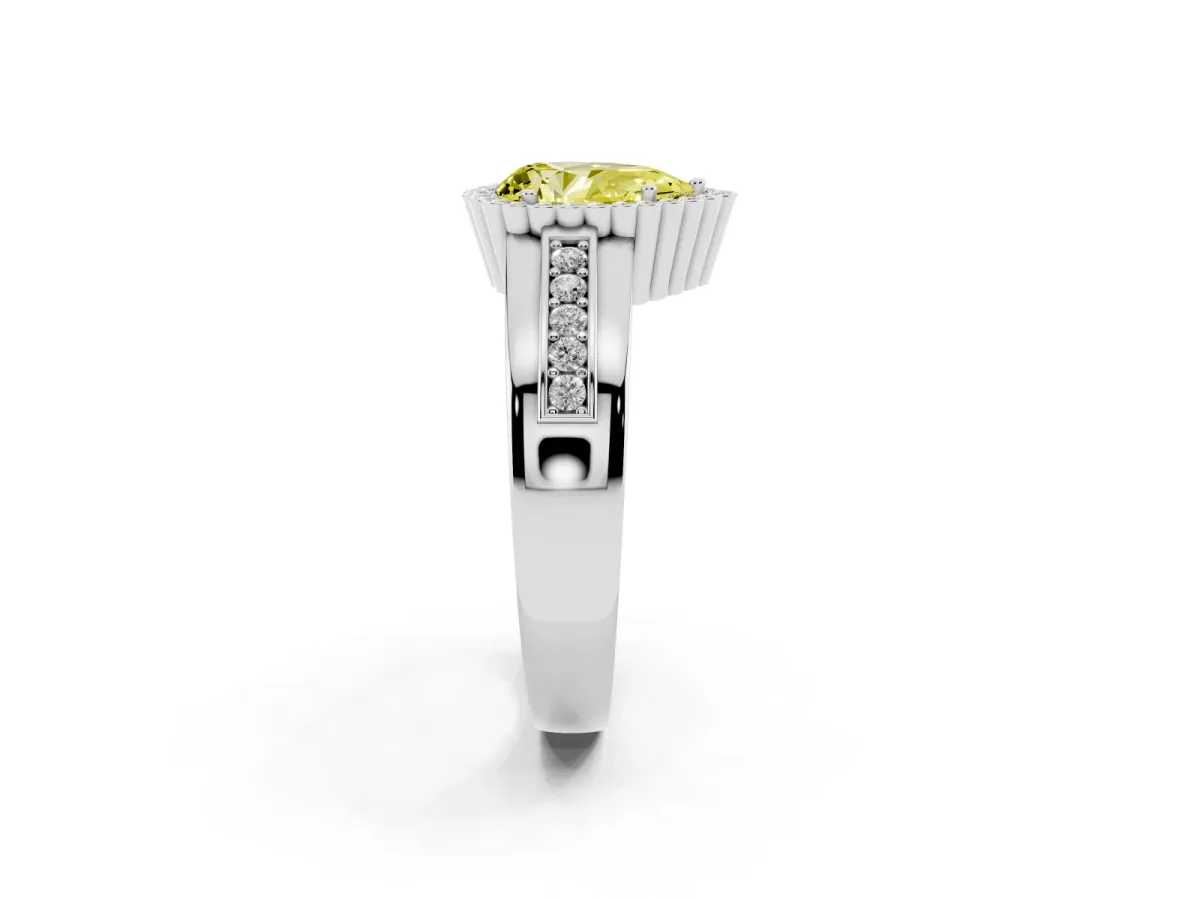 Fancy Yellow Pear Cut Cut Halo Pave Band Four-Prong Ring Platinum