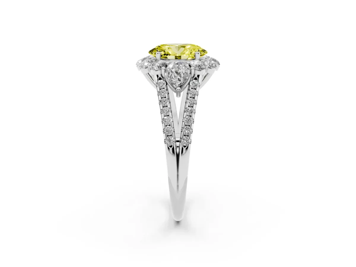 Fancy Yellow Oval Cut Halo Split Shank Diamond Engagement Ring with Prong Setting Silver