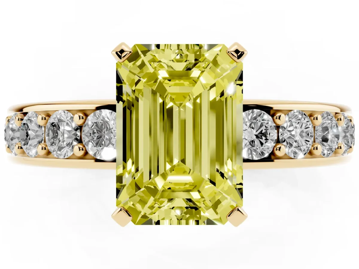 Fancy Yellow Emerald Cut Diamond Engagement Ring with Channel Set Round Band and Prong Setting Yellow gold
