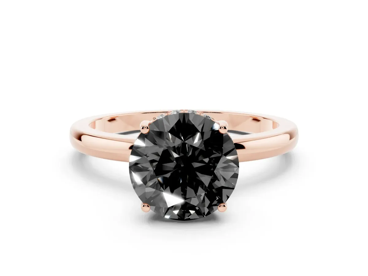 Fancy Black Round Cut Solitaire Diamond Ring with Prong Setting and Plain Band Rose gold