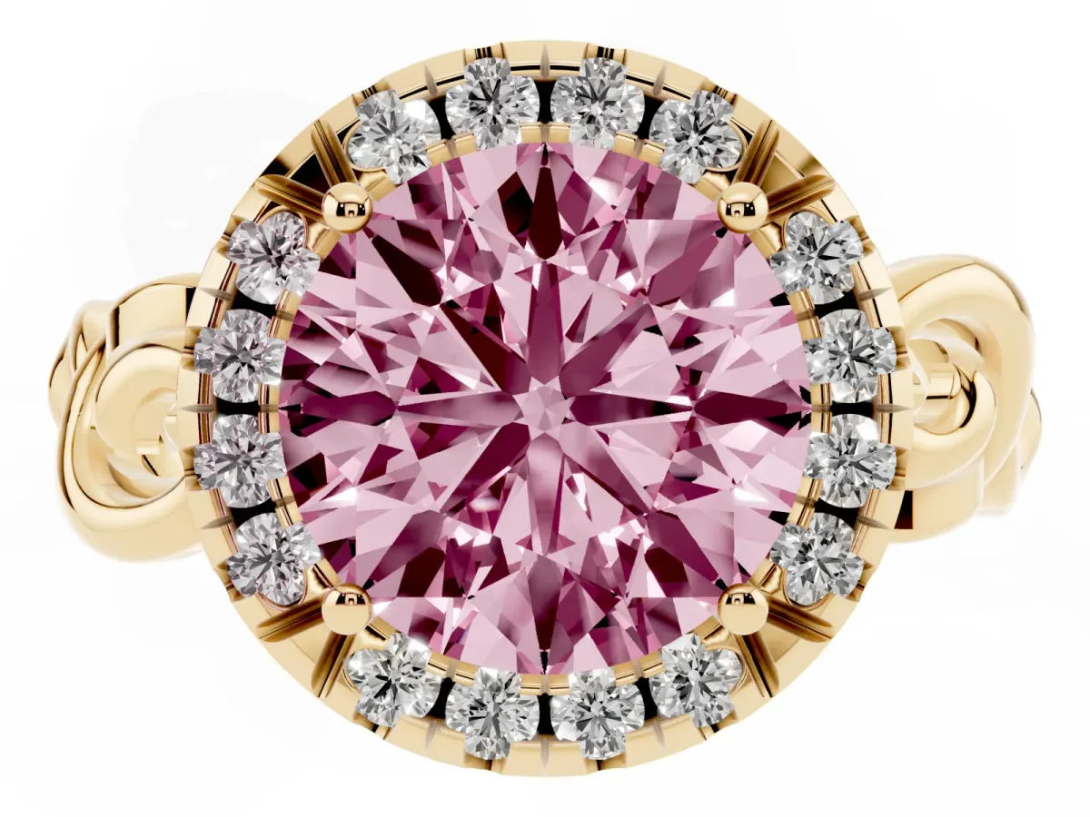 Fancy Pink Round Cut Cut Halo Diamond Ring with Scrollwork Band and Four-Prong Setting Yellow gold