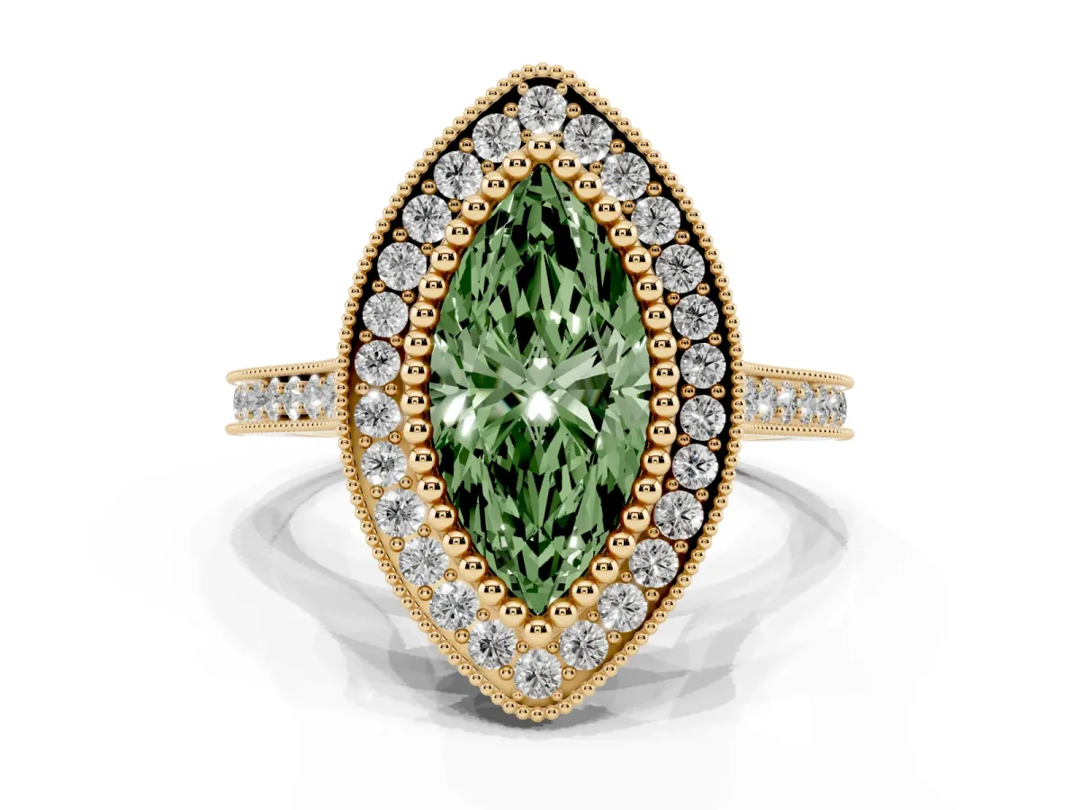 Fancy Green Marquise Cut Diamond Halo Ring with Milgrain Frame and Pavé Band Yellow gold