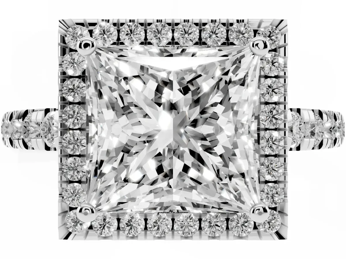 Princess Cut Diamond Halo Ring with Pavé Band and Four-Prong Setting Silver