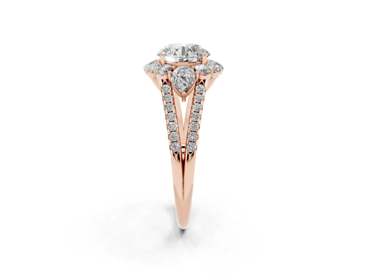 Round Cut Halo Split Shank Diamond Engagement Ring with Prong Setting Rose gold