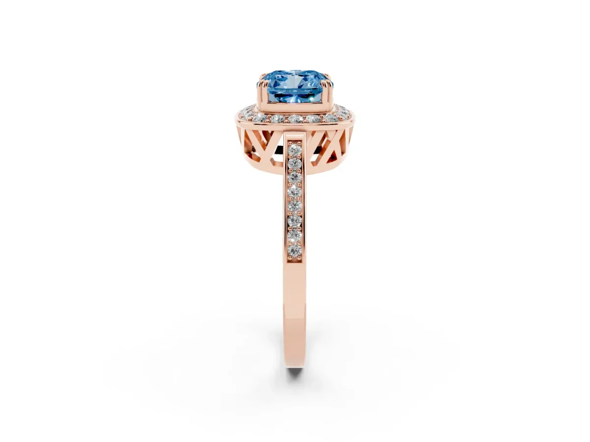 Fancy Blue Cushion Cut Diamond Halo Ring with Split Shank and Four-Prong Setting Rose gold