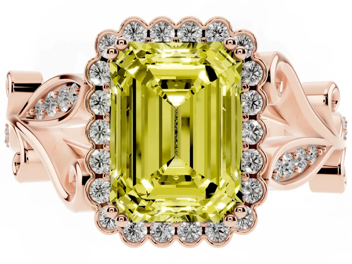Fancy Yellow Emerald Cut Diamond Halo Ring with Vintage Split Shank and Four-Prong Setting Rose gold