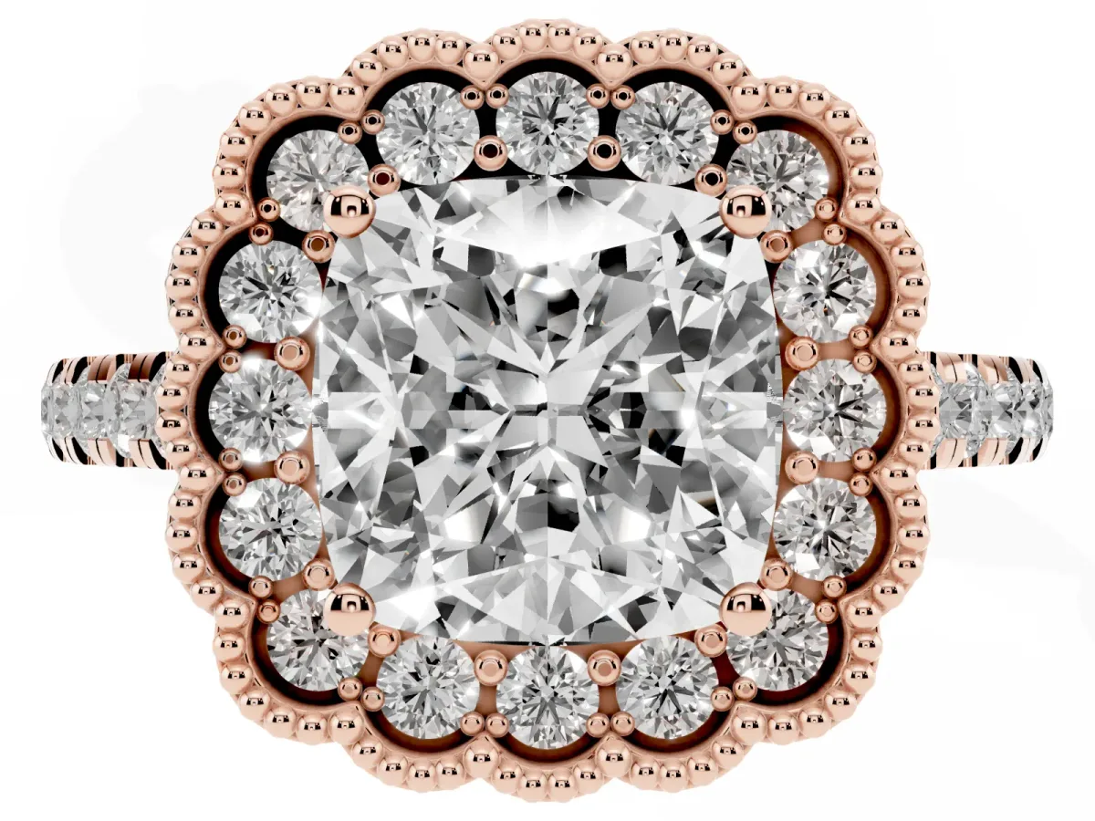 Cushion Cut Cut Diamond Milgrain Floral Halo Engagement Ring with Pavé Band Rose gold