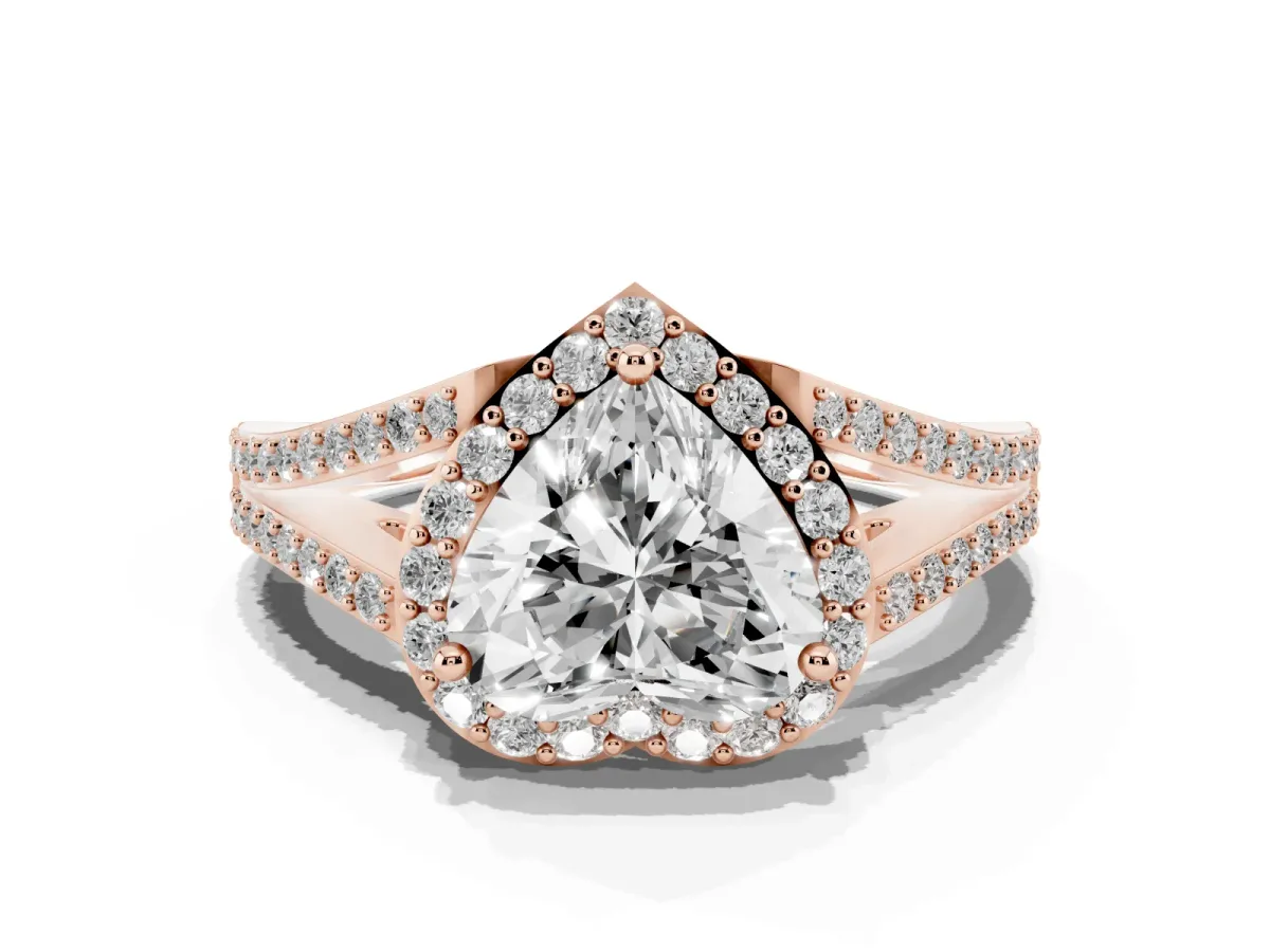 Heart Cut Halo Split Shank Diamond Ring with Prong Setting Rose gold