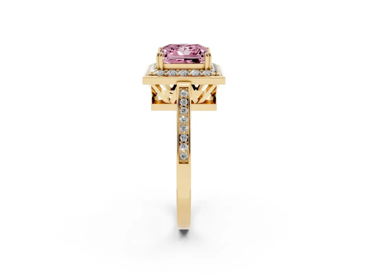 Fancy Pink Princess Cut Diamond Halo Ring with Split Shank and Four-Prong Setting Yellow gold
