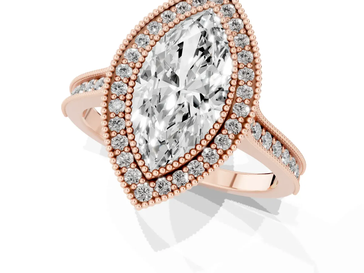 Halo Marquise Cut-Cut Diamond Pave Band Milgrain Prong Setting Ring Rose gold