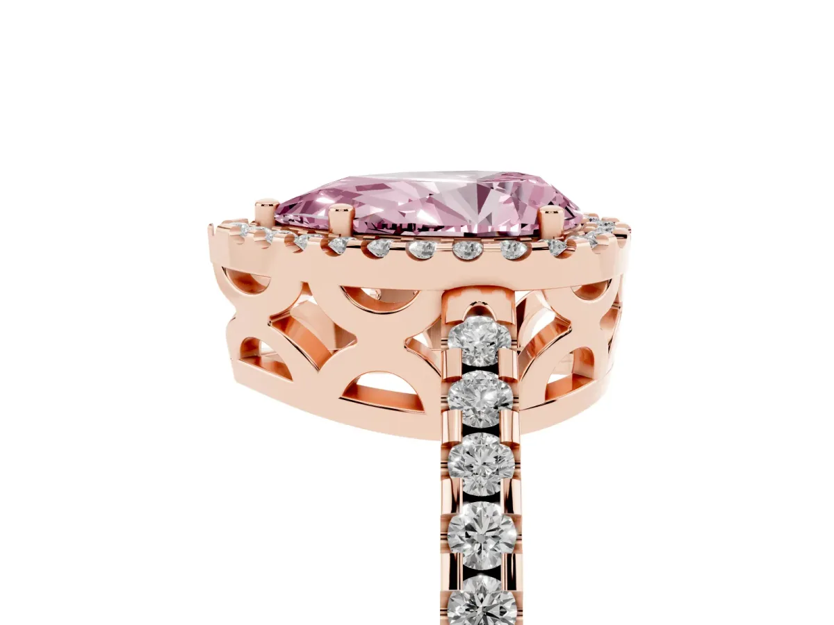 Fancy Pink Pear Cut Diamond Halo Engagement Ring with Pavé Band and Prong Setting Rose gold