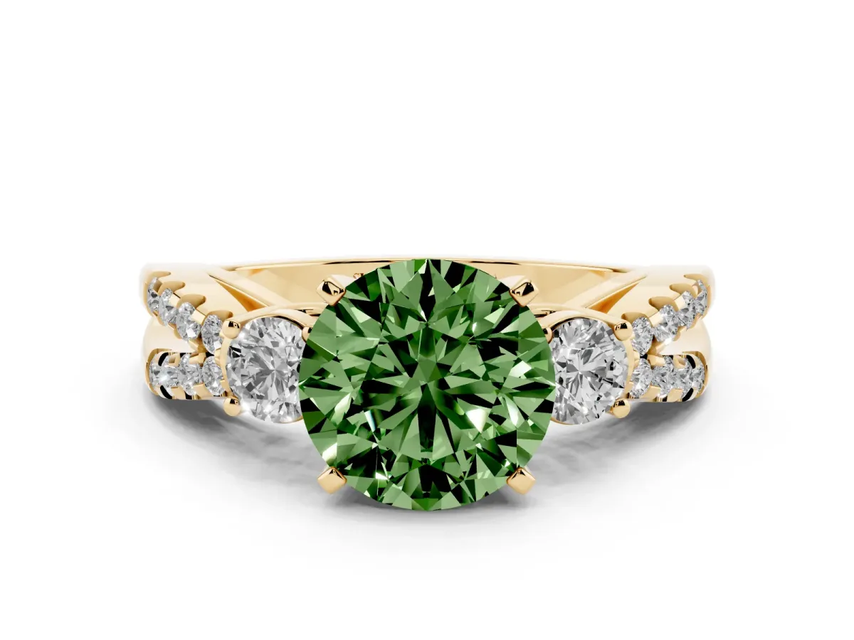 Fancy Green Round Cut Diamond Three-Stone Ring with Pavé Split Shank and Four-Prong Setting Yellow gold