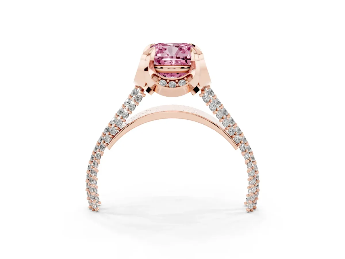 Fancy Pink Cushion Cut Solitaire Pave Split Shank Ring with Four-Prong Setting Rose gold