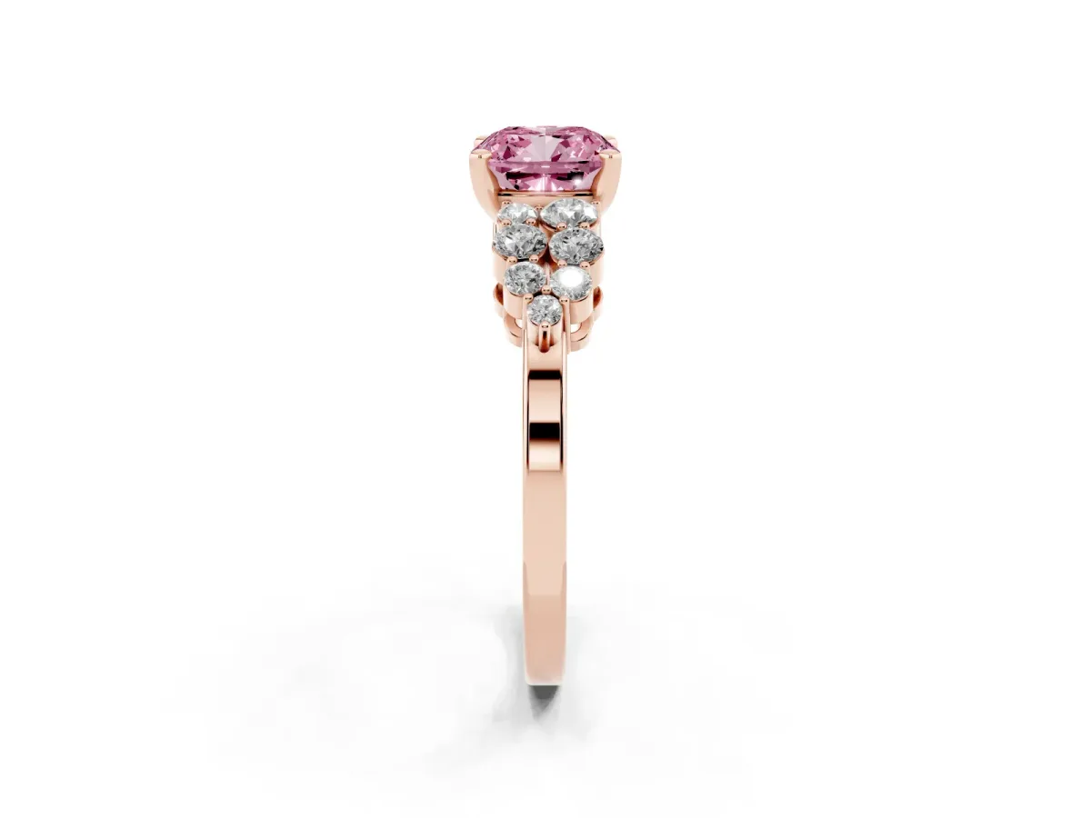 Fancy Pink Cushion Cut Cluster Diamond Engagement Ring with Pavé Band and Four-Prong Setting Rose gold
