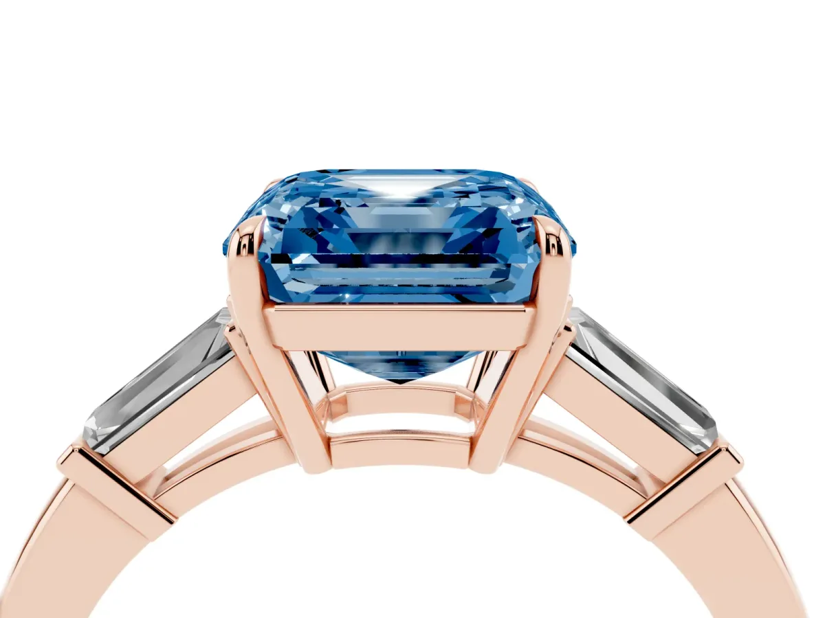 Fancy Blue Asscher Cut Diamond Three-Stone Ring with Tapered Baguette Side Stones and Prong Setting Rose gold