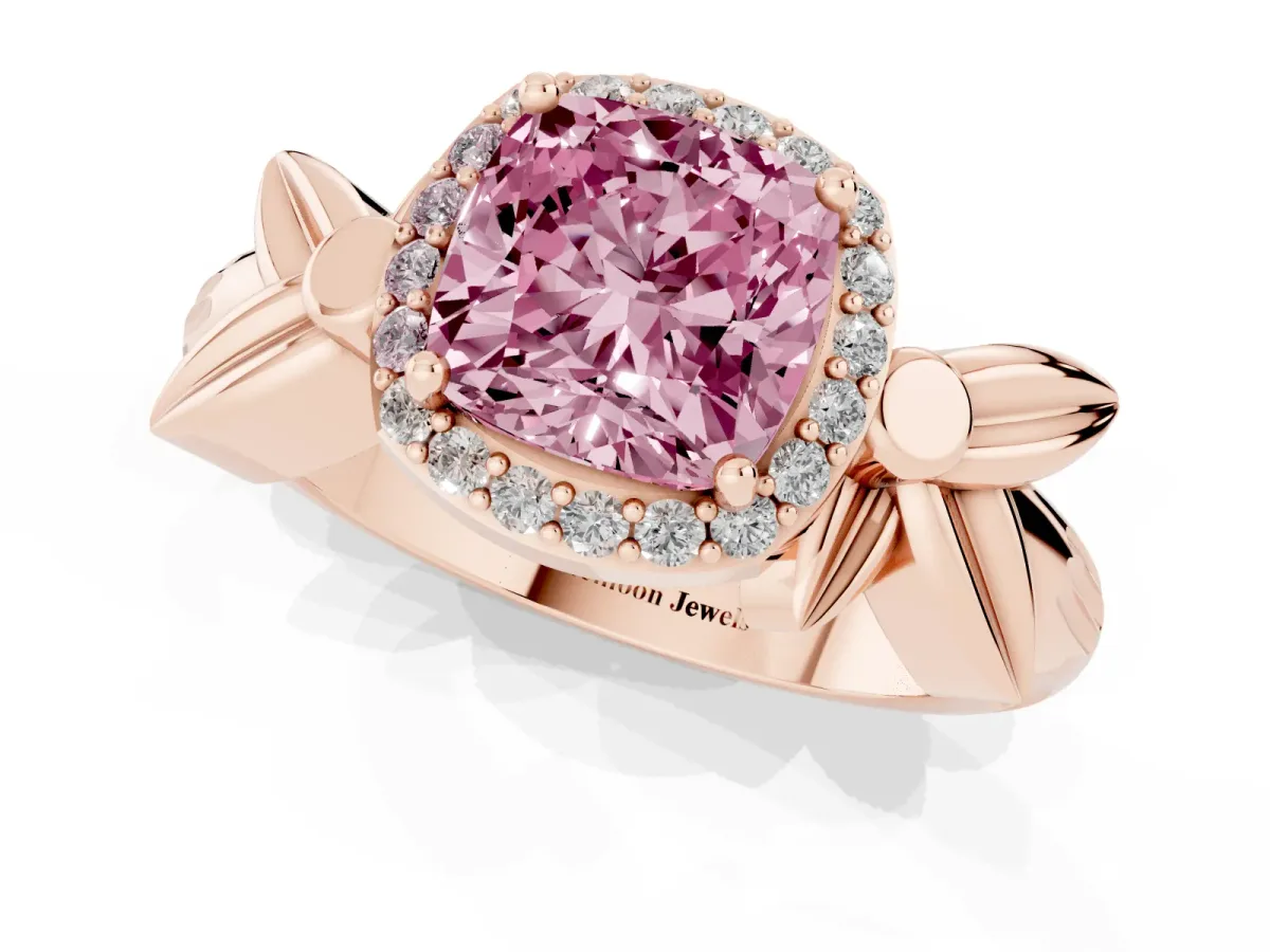 Fancy Pink Cushion Cut Halo Diamond Floral Band with Four-Prong Setting Rose gold