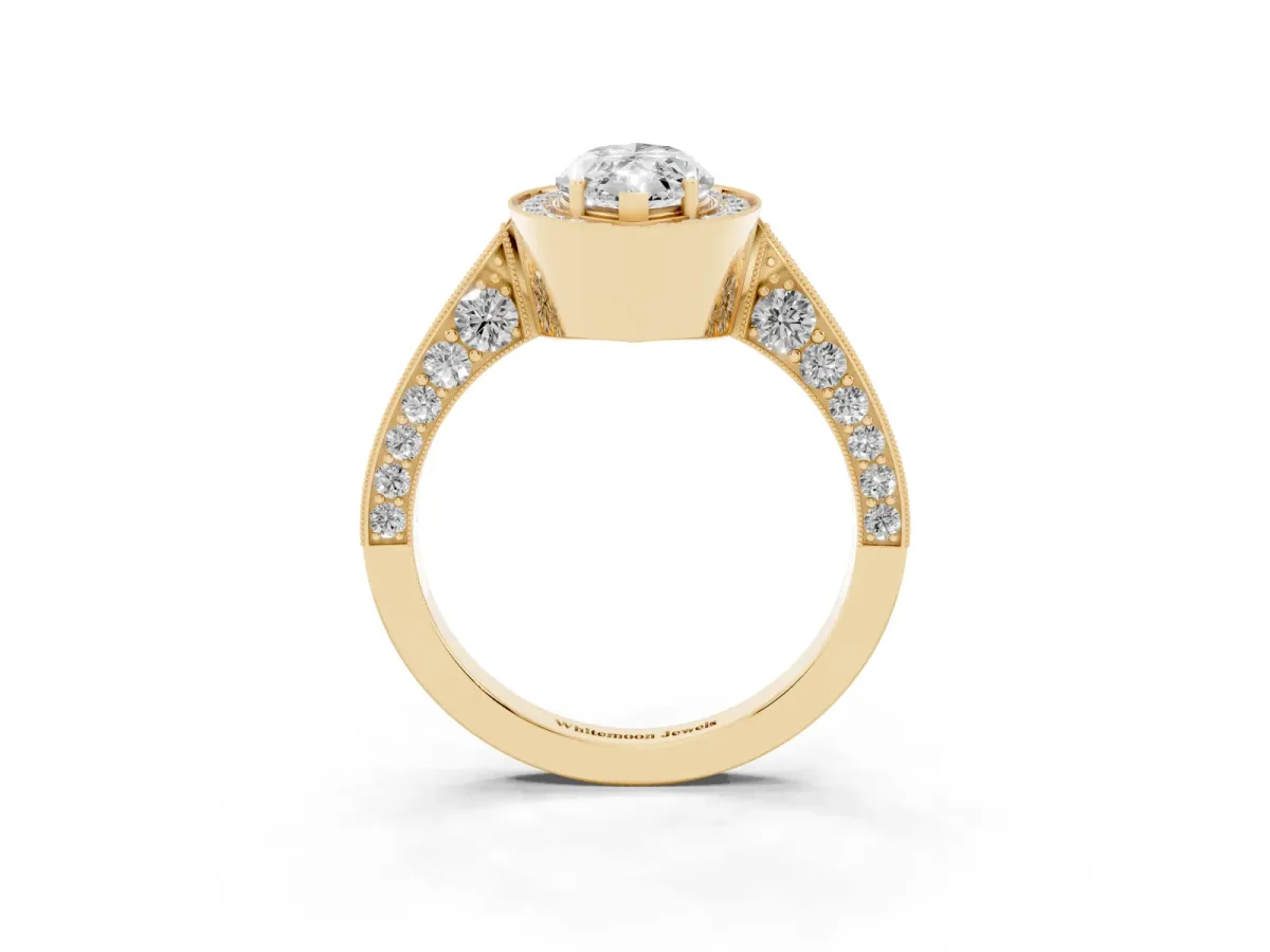 Marquise Cut Halo Diamond Engagement Ring with Split Shank Band and Four-Prong Setting Yellow gold