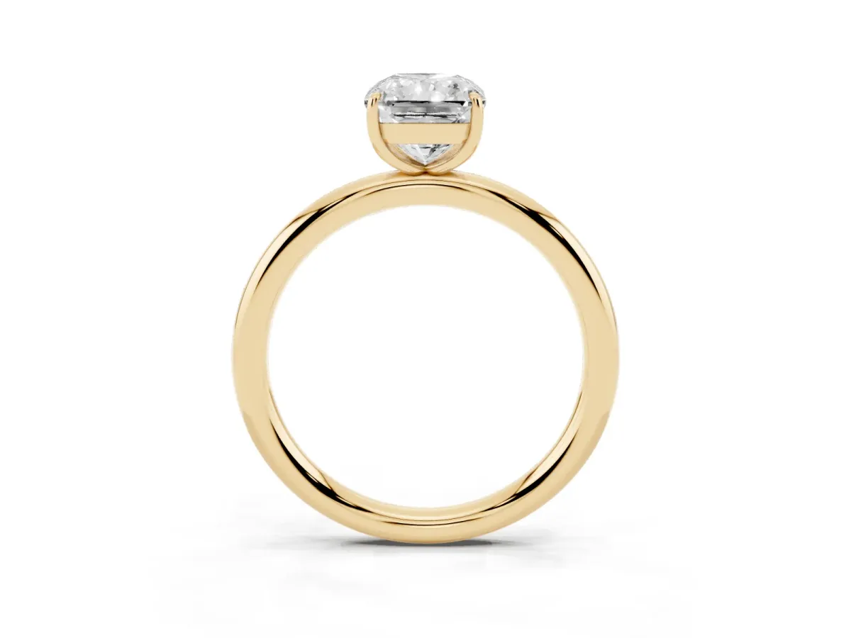 Radiant Cut Solitaire Diamond Ring with Four-Prong Setting on a Plain Band Yellow gold