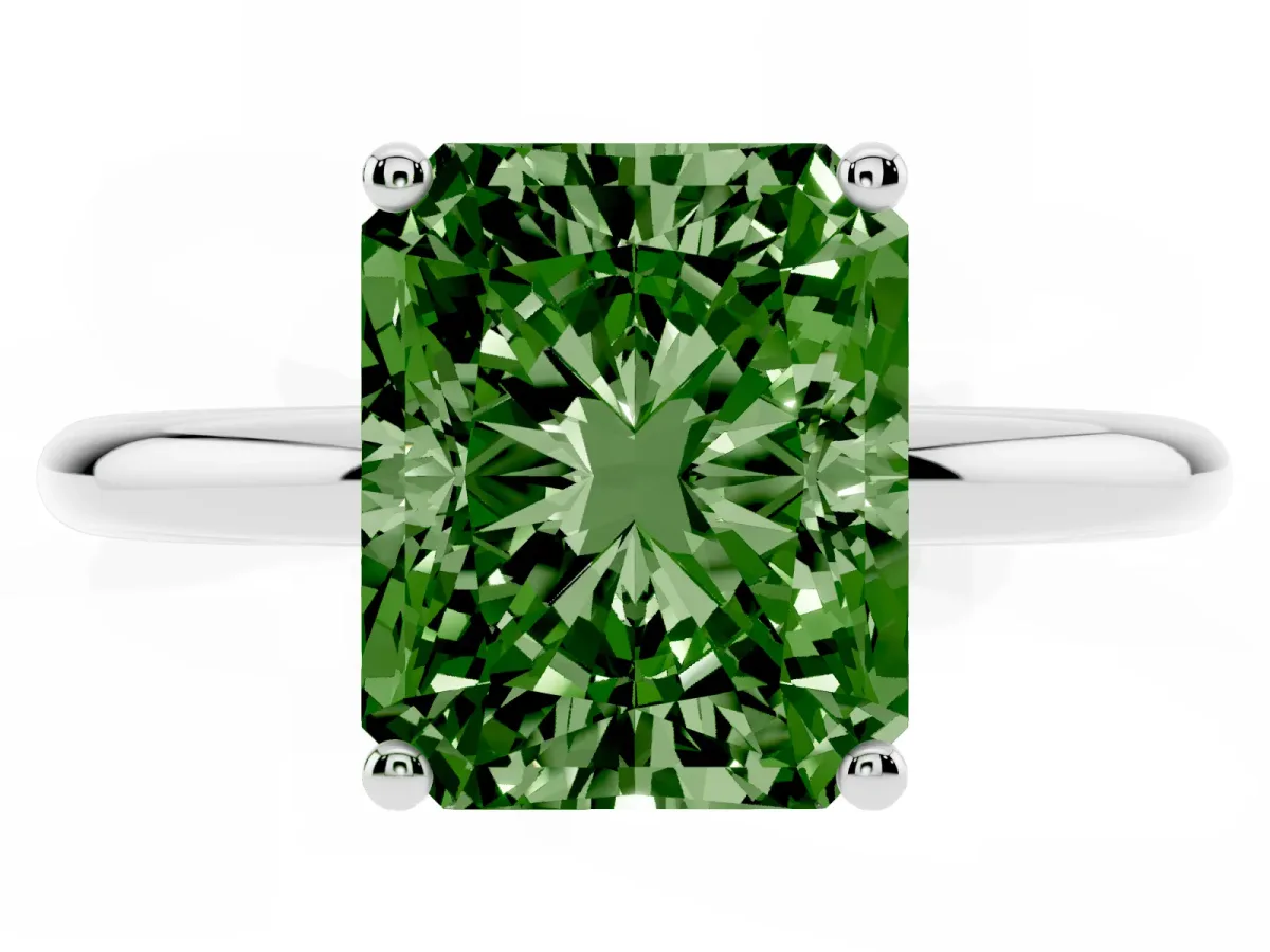 Fancy Green Radiant Cut Cut Solitaire Engagement Ring with Four-Prong Setting and Classic Band White gold