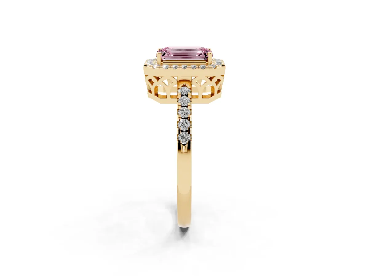 Fancy Pink Emerald Cut Halo Diamond Engagement Ring with Pavé Band and Four-Prong Setting Yellow gold